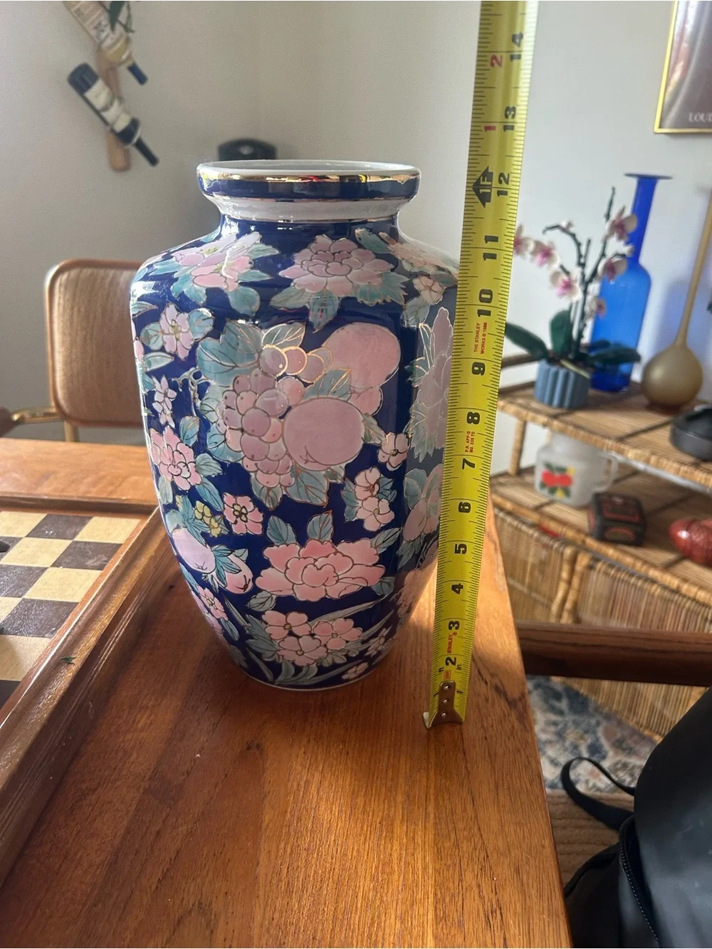 Vintage Pier 1 Cobalt Blue Floral Porcelain Vase | Hand Painted Pink Flowers